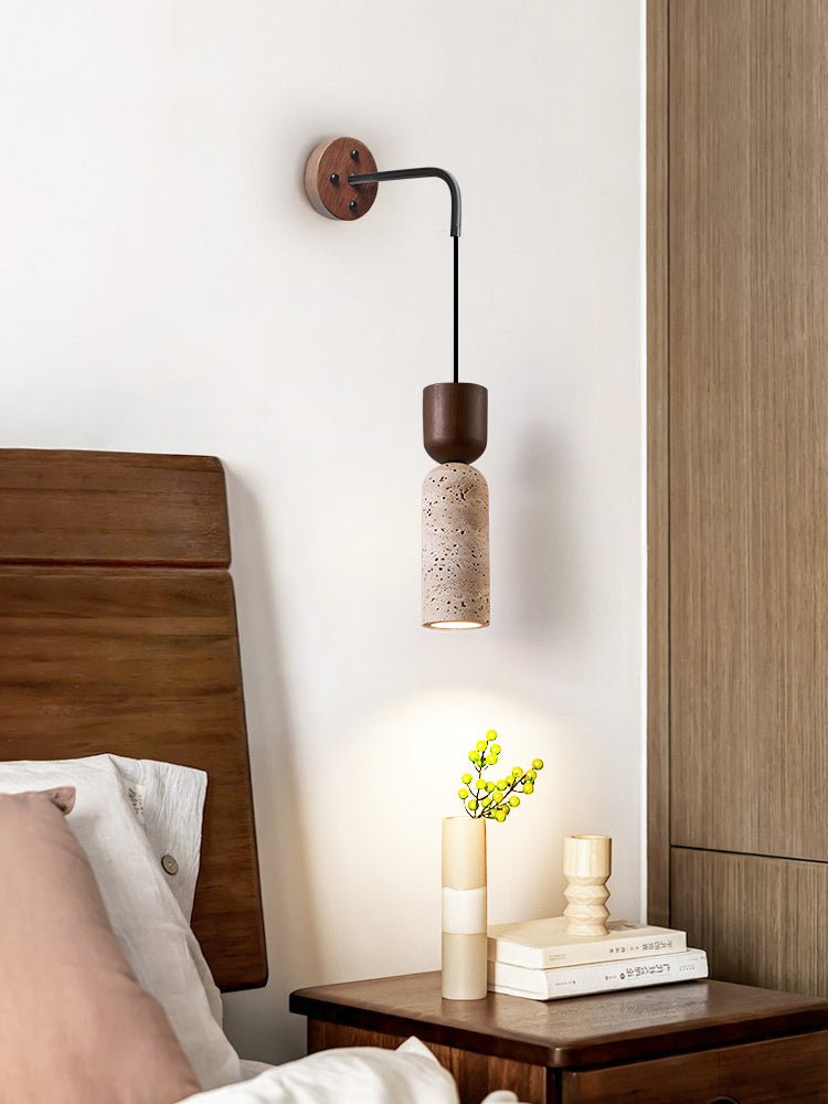 Travertine and Walnut Wall Sconce with Curved Wooden Arm