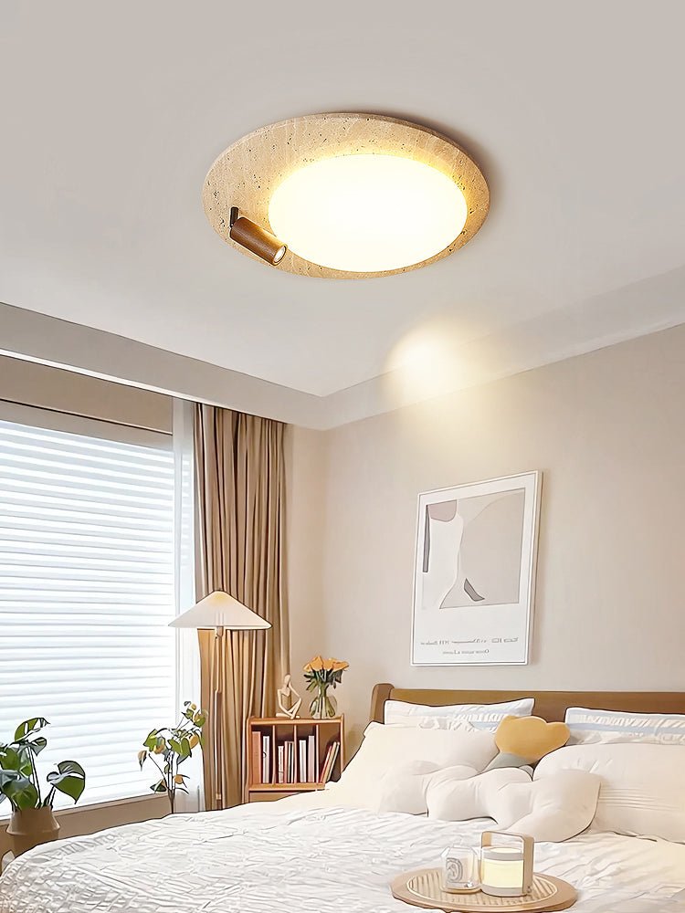 Travertine Oval Ceiling Light with Walnut Knob – Modern Natural Illumination