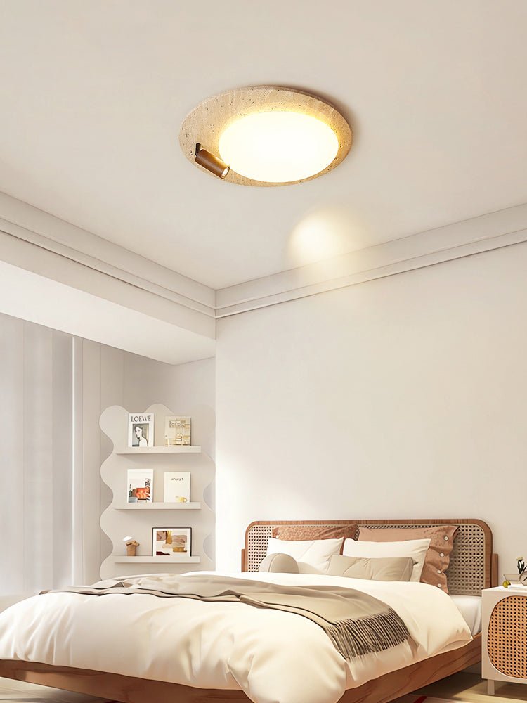 Travertine Oval Ceiling Light with Walnut Knob – Modern Natural Illumination
