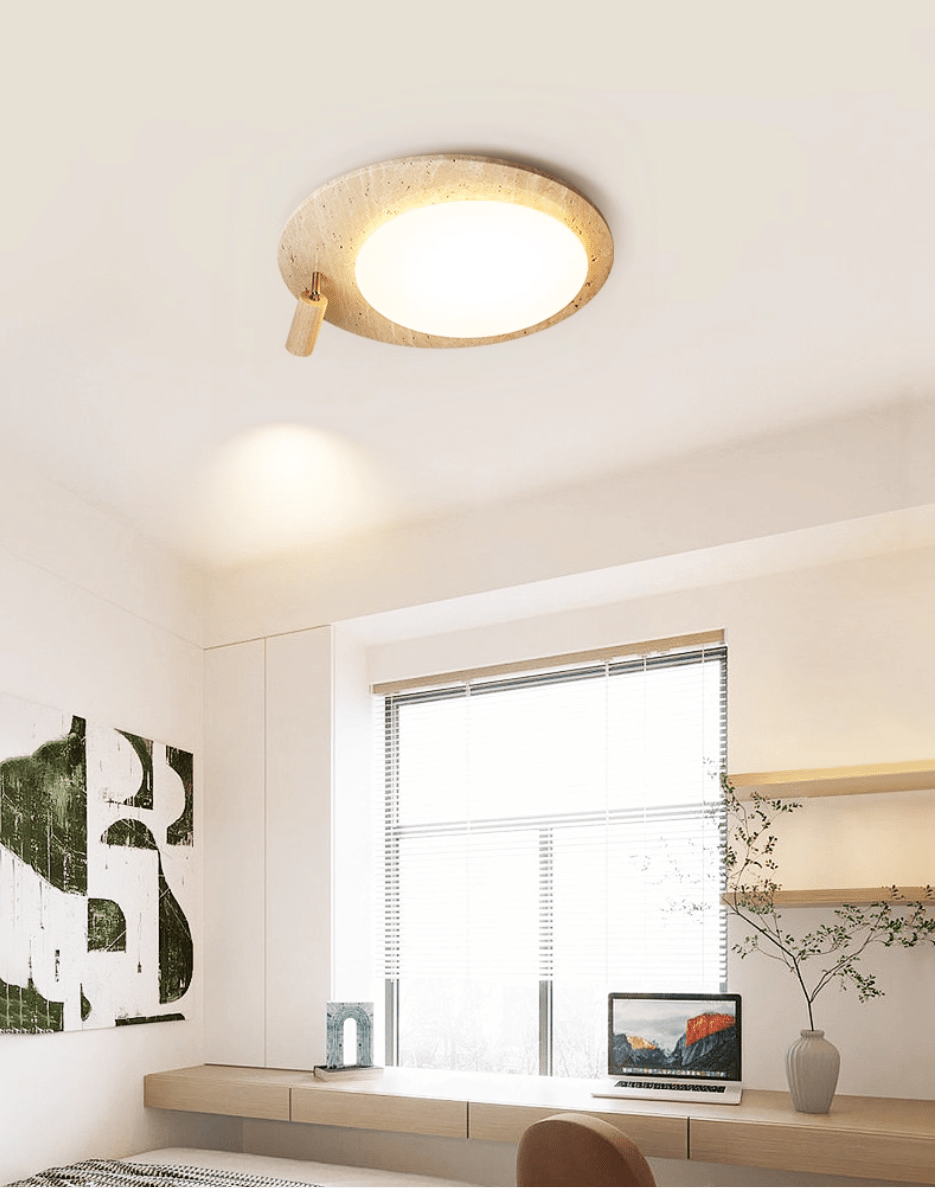 Travertine Oval Ceiling Light with Walnut Knob – Modern Natural Illumination