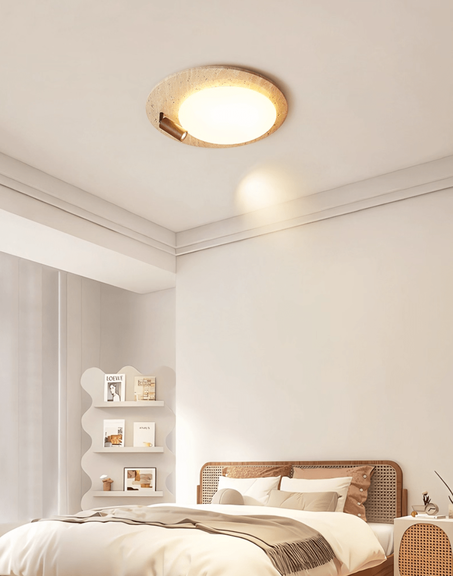 Travertine Oval Ceiling Light with Walnut Knob – Modern Natural Illumination