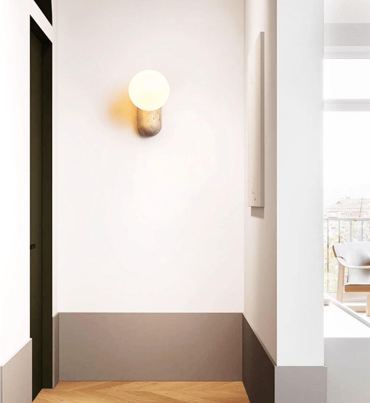 Travertine Pebble Wall Sconce with Opal Glass Globe for Modern Interiors