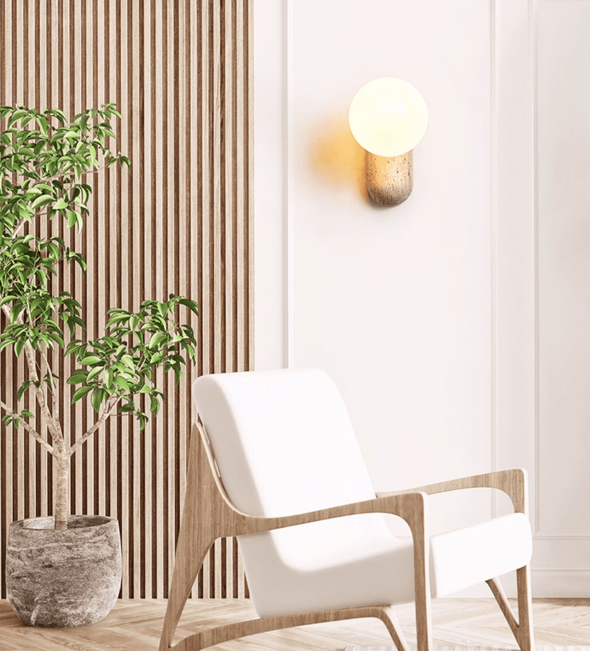 Travertine Pebble Wall Sconce with Opal Glass Globe for Modern Interiors