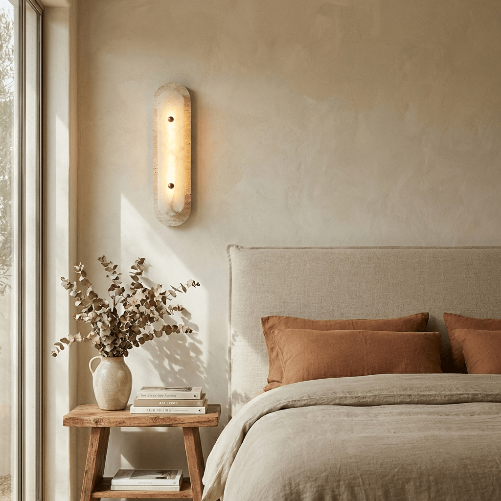 Travertine Pill Wall Sconce with Alabaster Glow and Aged Brass Accents