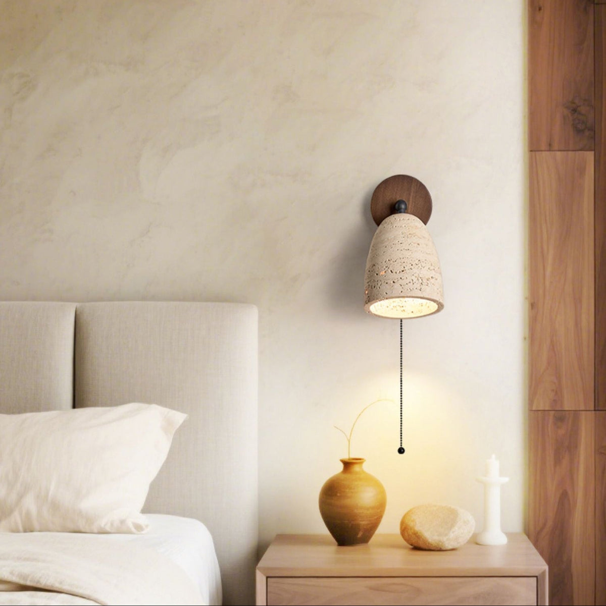 Travertine Pivoting Wall Sconce in Natural Stone and Walnut