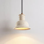 Travertine Dome Pendant Light with Ribbed Detail, Natural Stone & Wood Accent