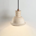 Travertine Dome Pendant Light with Ribbed Detail, Natural Stone & Wood Accent