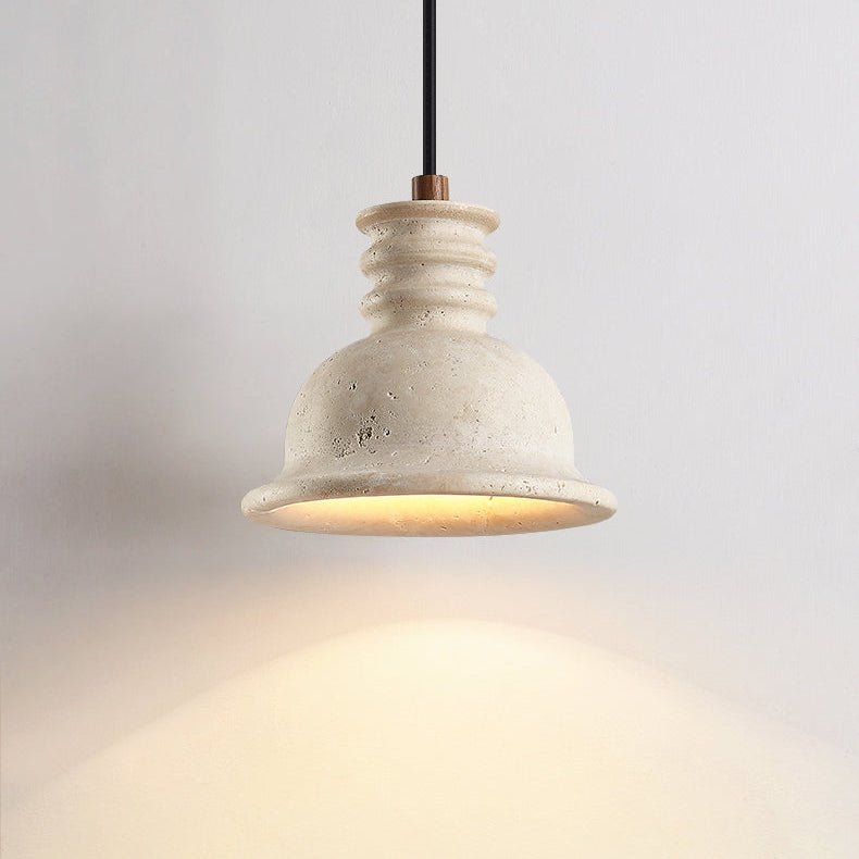 Travertine Dome Pendant Light with Ribbed Detail, Natural Stone & Wood Accent