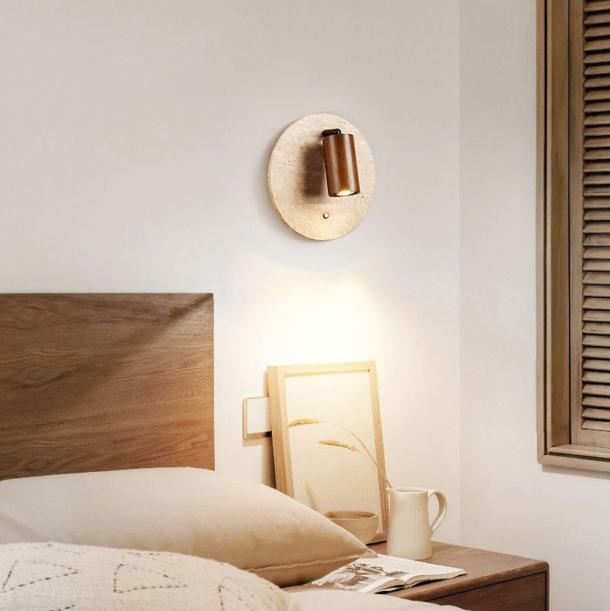 Travertine Spot Wall Sconce in Walnut Wood – Modern Stone Lighting