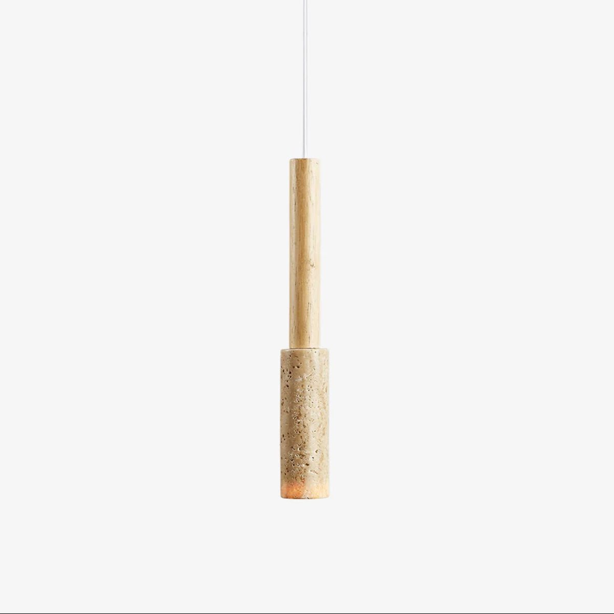 Travertine Stone Stick Pendant Light, Natural Wood Accent, Modern Minimalist Hanging Lamp