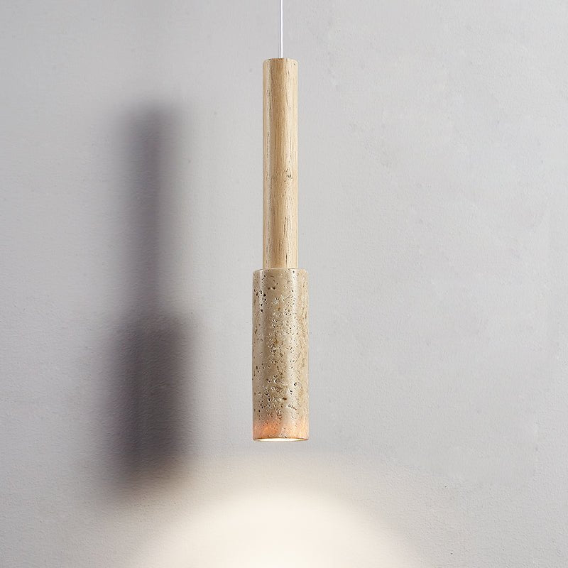 Travertine Stone Stick Pendant Light, Natural Wood Accent, Modern Minimalist Hanging Lamp