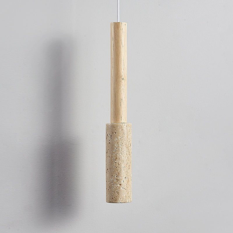 Travertine Stone Stick Pendant Light, Natural Wood Accent, Modern Minimalist Hanging Lamp
