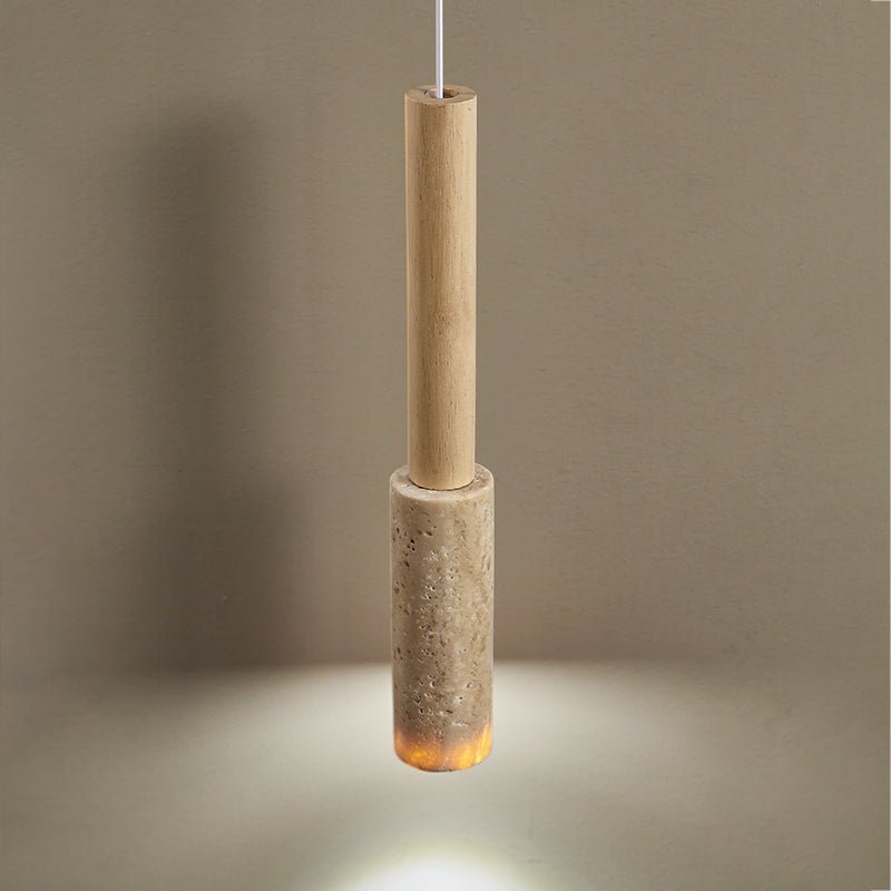 Travertine Stone Stick Pendant Light, Natural Wood Accent, Modern Minimalist Hanging Lamp