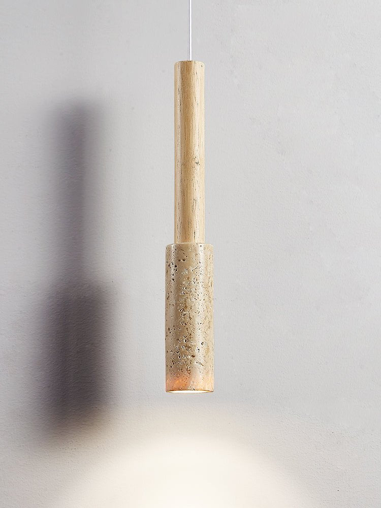 Travertine Stone Stick Pendant Light, Natural Wood Accent, Modern Minimalist Hanging Lamp