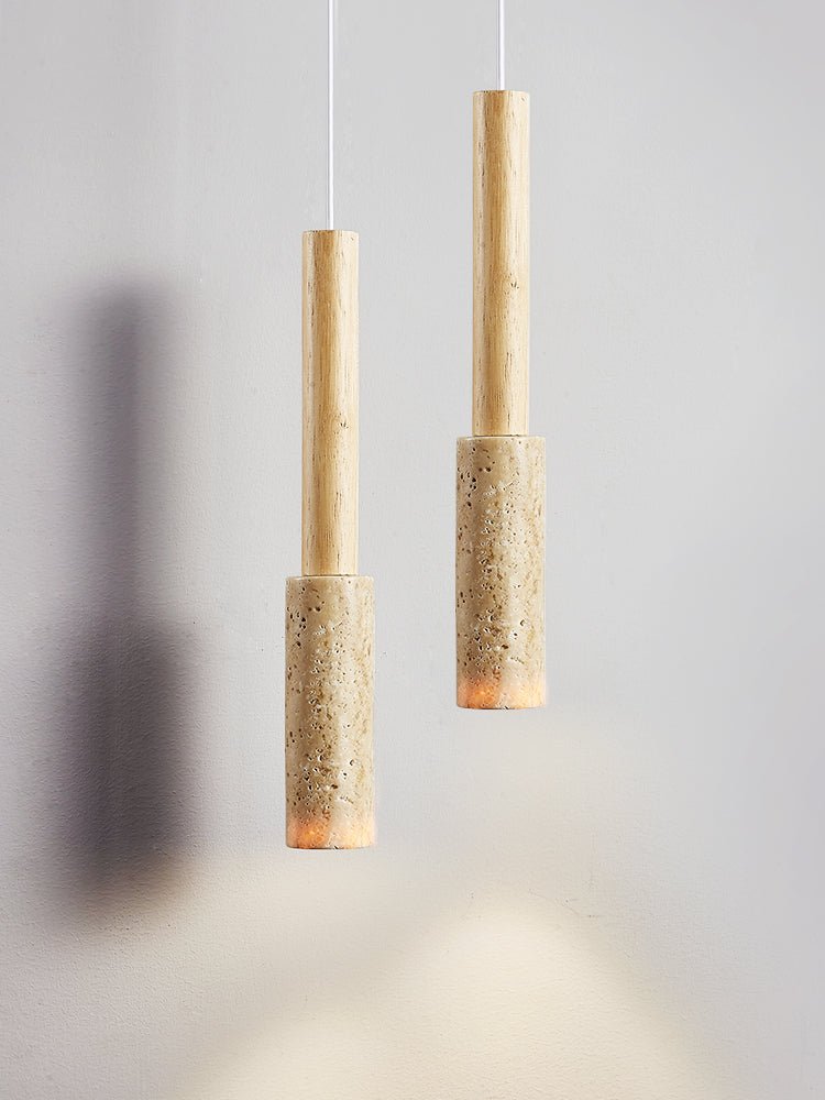Travertine Stone Stick Pendant Light, Natural Wood Accent, Modern Minimalist Hanging Lamp