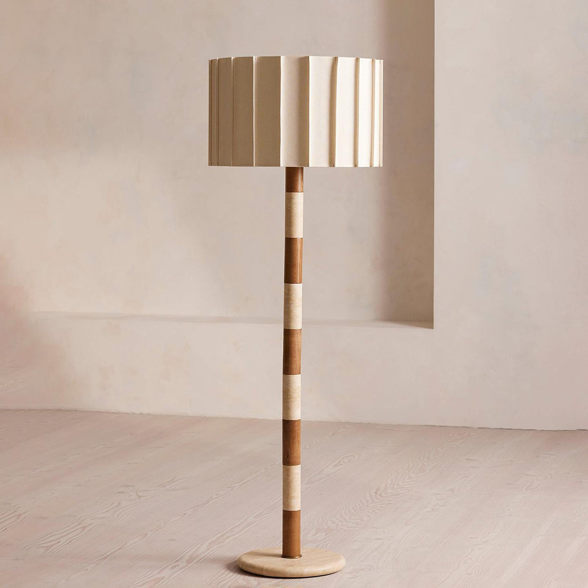 Travertine and Walnut Striped Floor Lamp with Pleated Fabric Shade