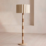 Travertine and Walnut Striped Floor Lamp with Pleated Fabric Shade