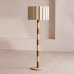 Travertine and Walnut Striped Floor Lamp with Pleated Fabric Shade