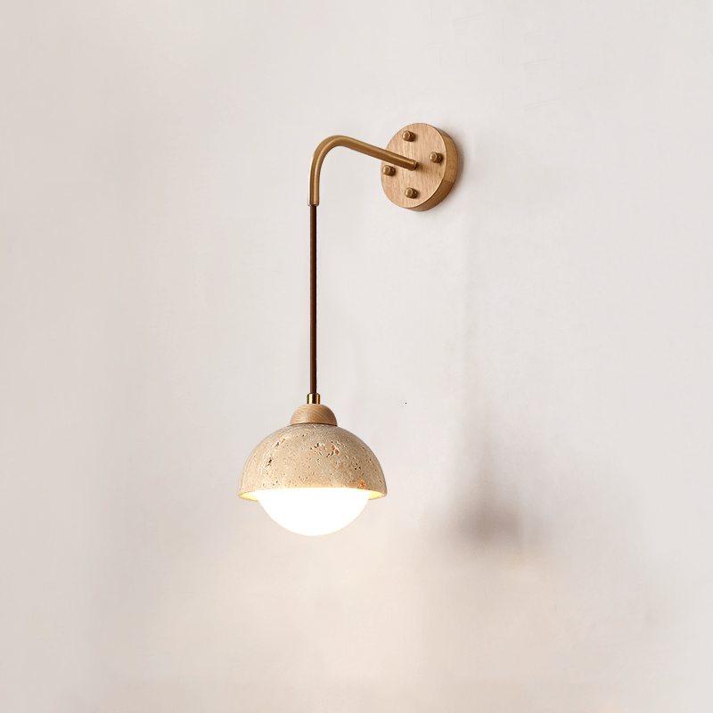 Travertine Swing Arm Wall Sconce with Wooden Accent
