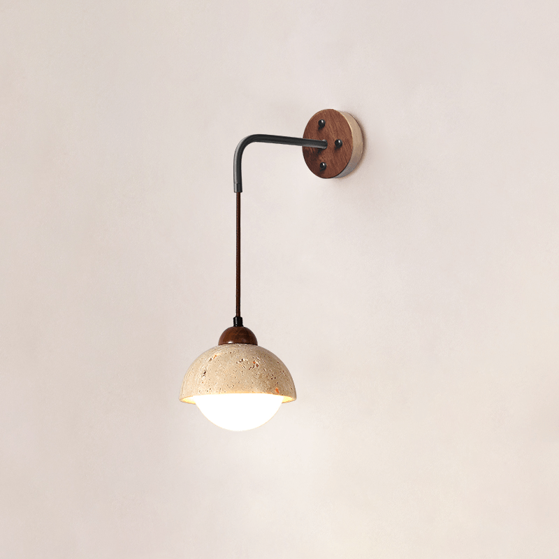 Travertine Swing Arm Wall Sconce with Wooden Accent