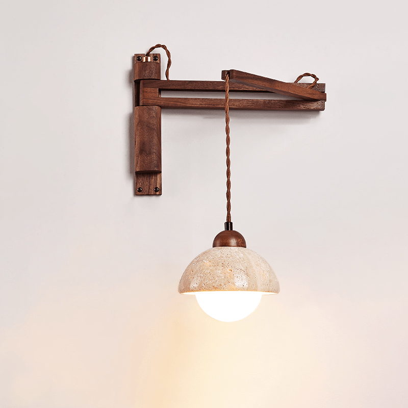 Travertine Swing Arm Wall Sconce with Wooden Accent