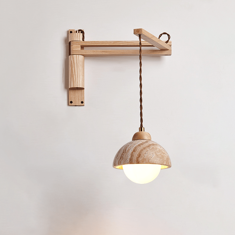Travertine Swing Arm Wall Sconce with Wooden Accent