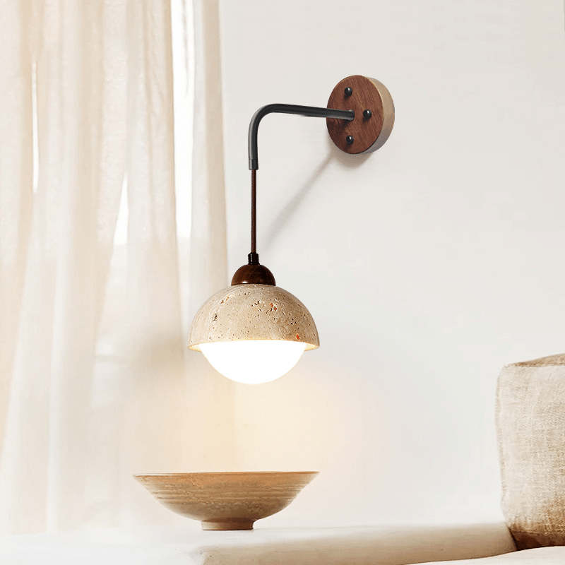 Travertine Swing Arm Wall Sconce with Wooden Accent