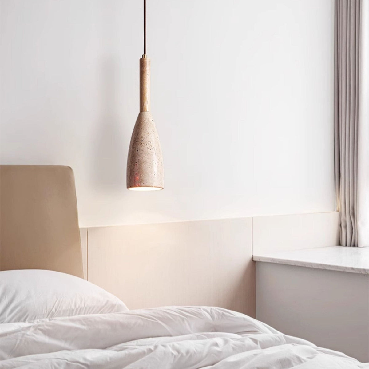 Travertine Teardrop Pendant Light — Natural Stone & Wood Designer Ceiling Lamp