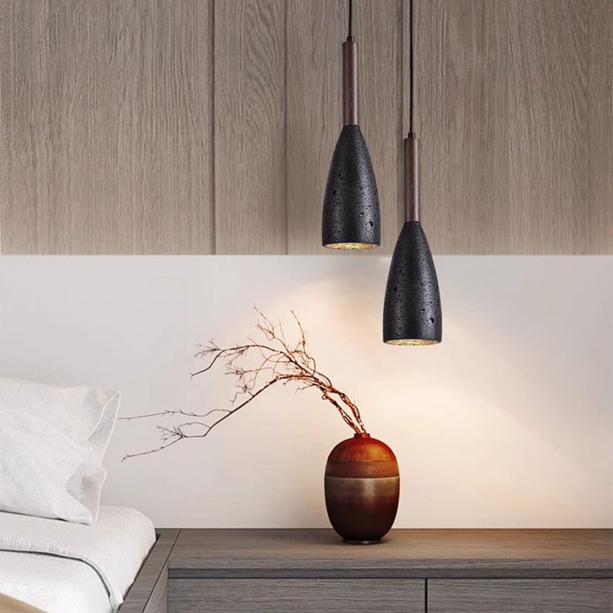 Travertine Teardrop Pendant Light — Natural Stone & Wood Designer Ceiling Lamp