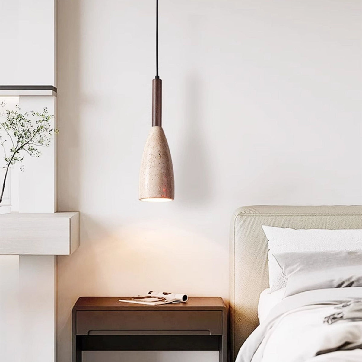Travertine Teardrop Pendant Light — Natural Stone & Wood Designer Ceiling Lamp