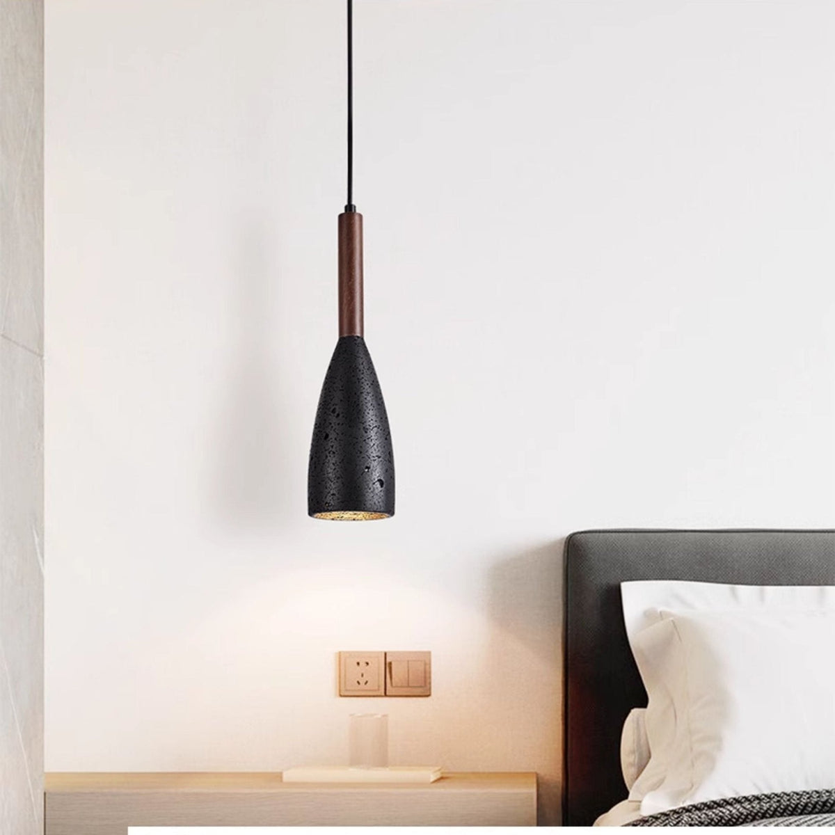 Travertine Teardrop Pendant Light — Natural Stone & Wood Designer Ceiling Lamp