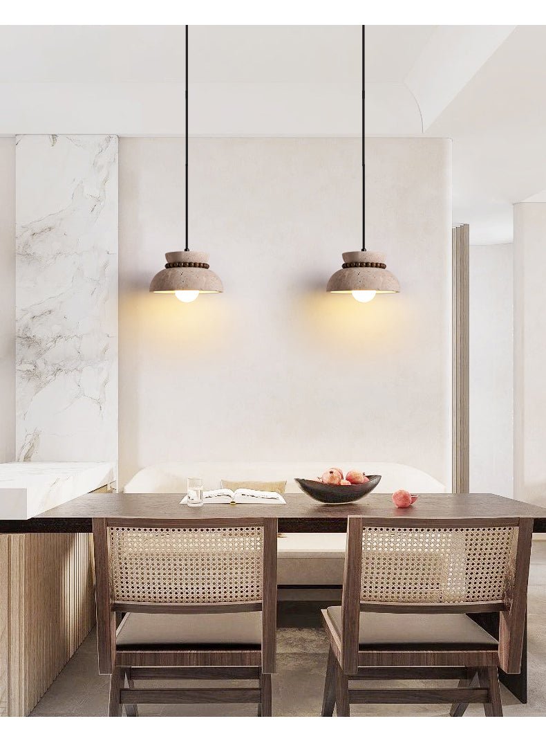 Travertine Wood Bead Pendant Light – Natural Stone Dome with Walnut Accents