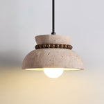 Travertine Wood Bead Pendant Light – Natural Stone Dome with Walnut Accents