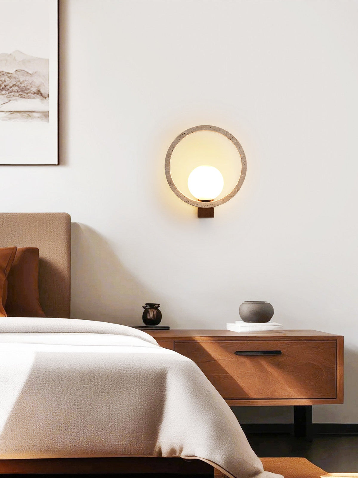 Travira Orbit Wall Sconce in Natural Travertine and Walnut