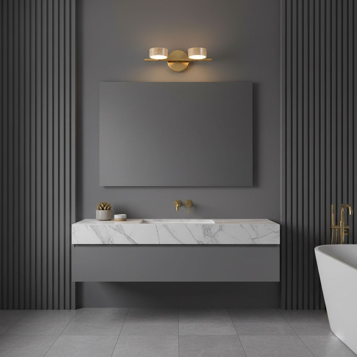 Traviso Beam Vanity Light – Travertine LED Wall Sconce, Modern Minimalist Bathroom Lighting