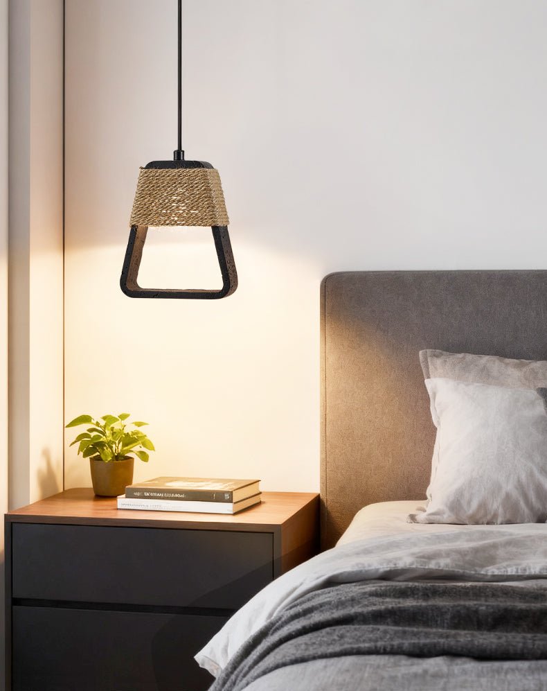 Tressa Pendant Light — Hand-Wrapped Hemp Rope & Black Travertine