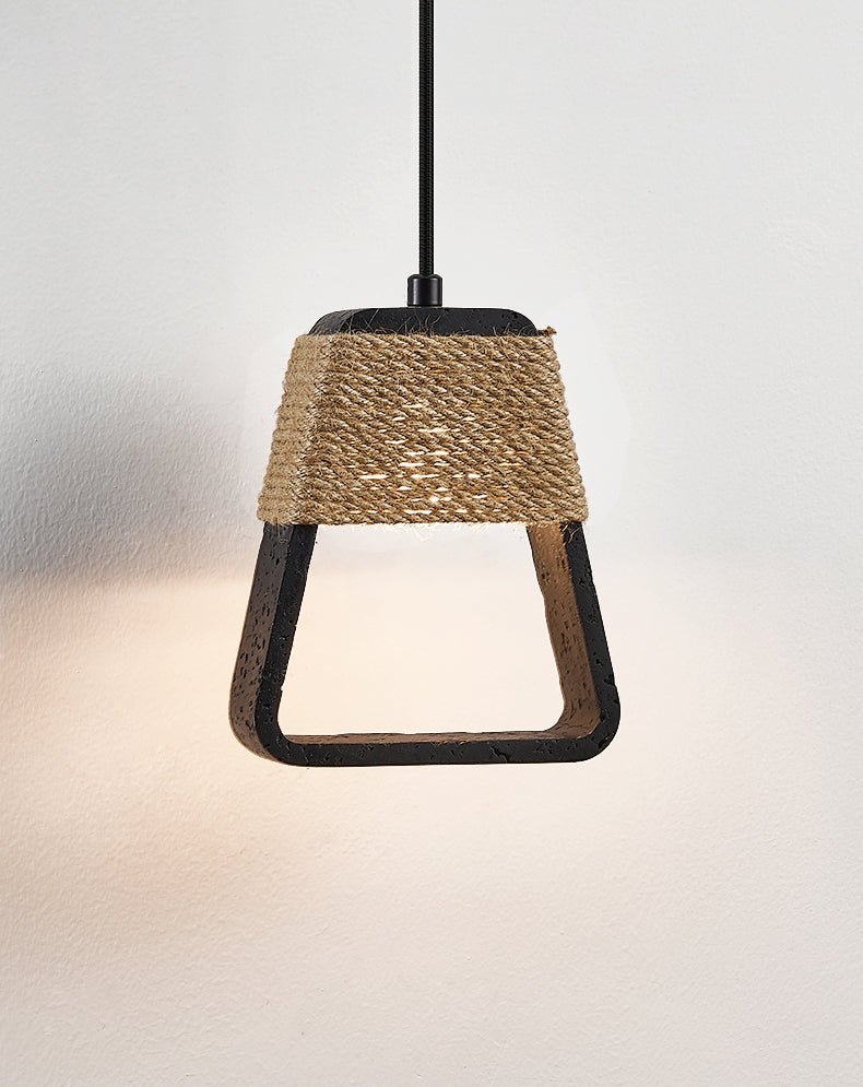 Tressa Pendant Light — Hand-Wrapped Hemp Rope & Black Travertine