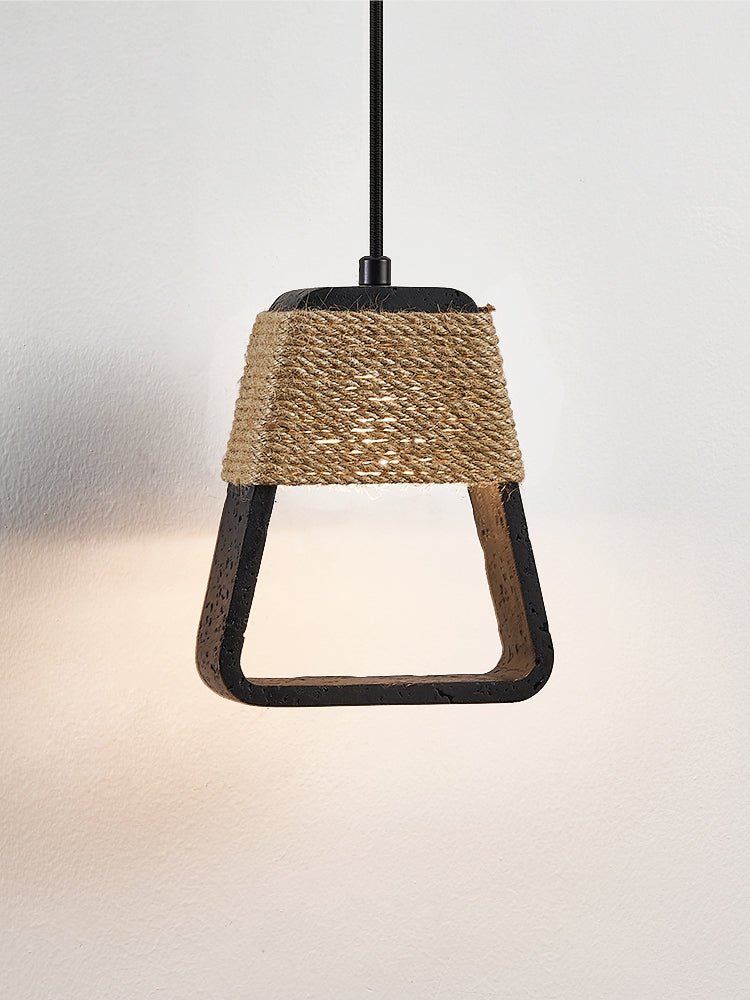 Tressa Pendant Light — Hand-Wrapped Hemp Rope & Black Travertine