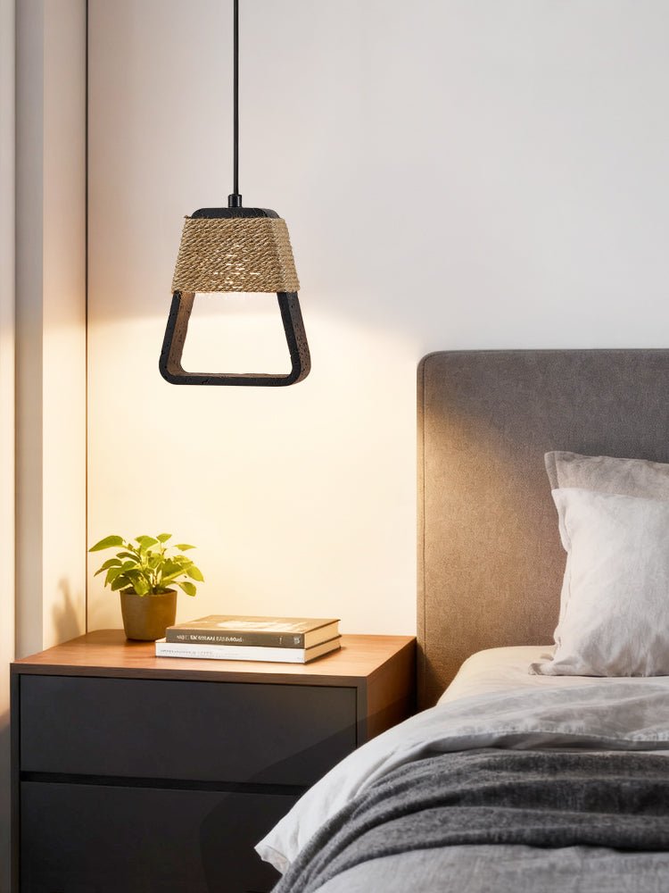 Tressa Pendant Light — Hand-Wrapped Hemp Rope & Black Travertine