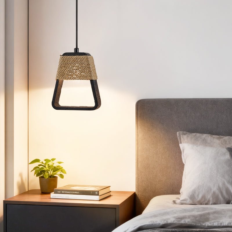 Tressa Pendant Light — Hand-Wrapped Hemp Rope & Black Travertine