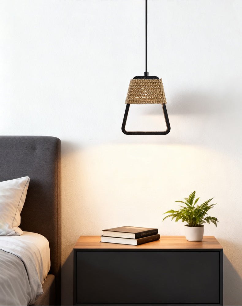 Tressa Pendant Light — Hand-Wrapped Hemp Rope & Black Travertine