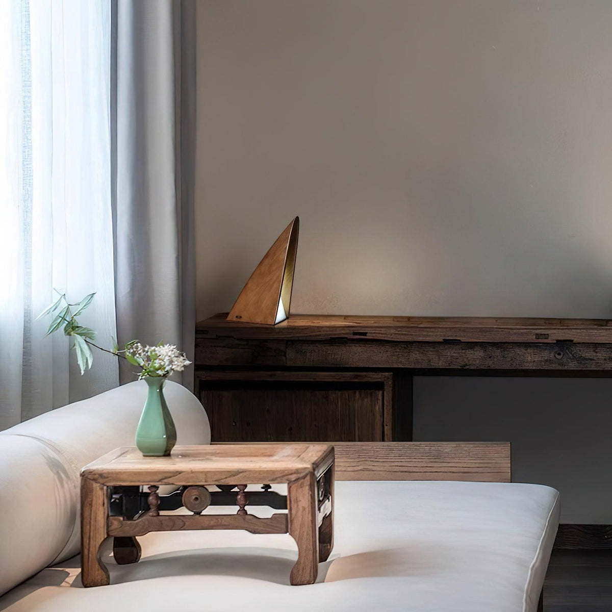 Triangular Wooden Table Lamp with Touch Dimming, Cordless LED