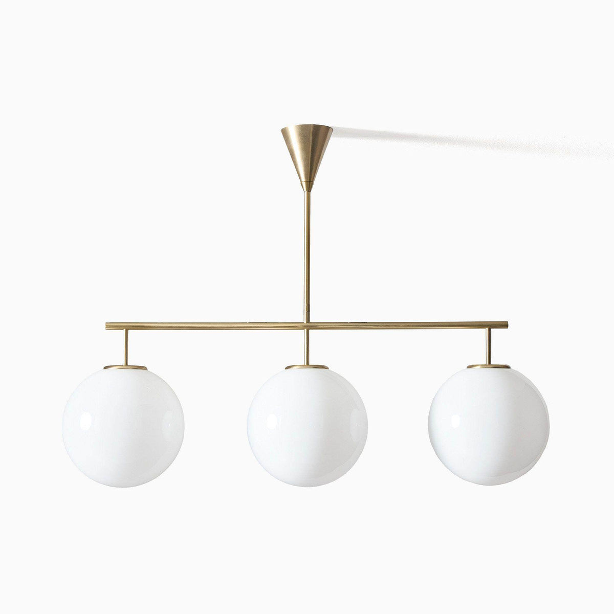 Trilo Globe Pendant Light – Three Opal Glass Spheres on a Sleek Bar