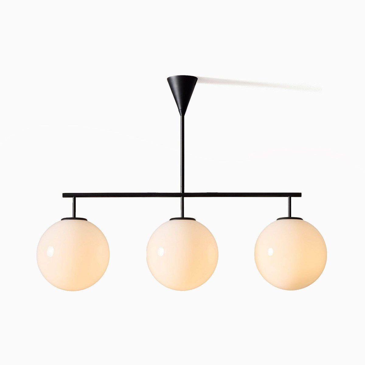Trilo Globe Pendant Light – Three Opal Glass Spheres on a Sleek Bar