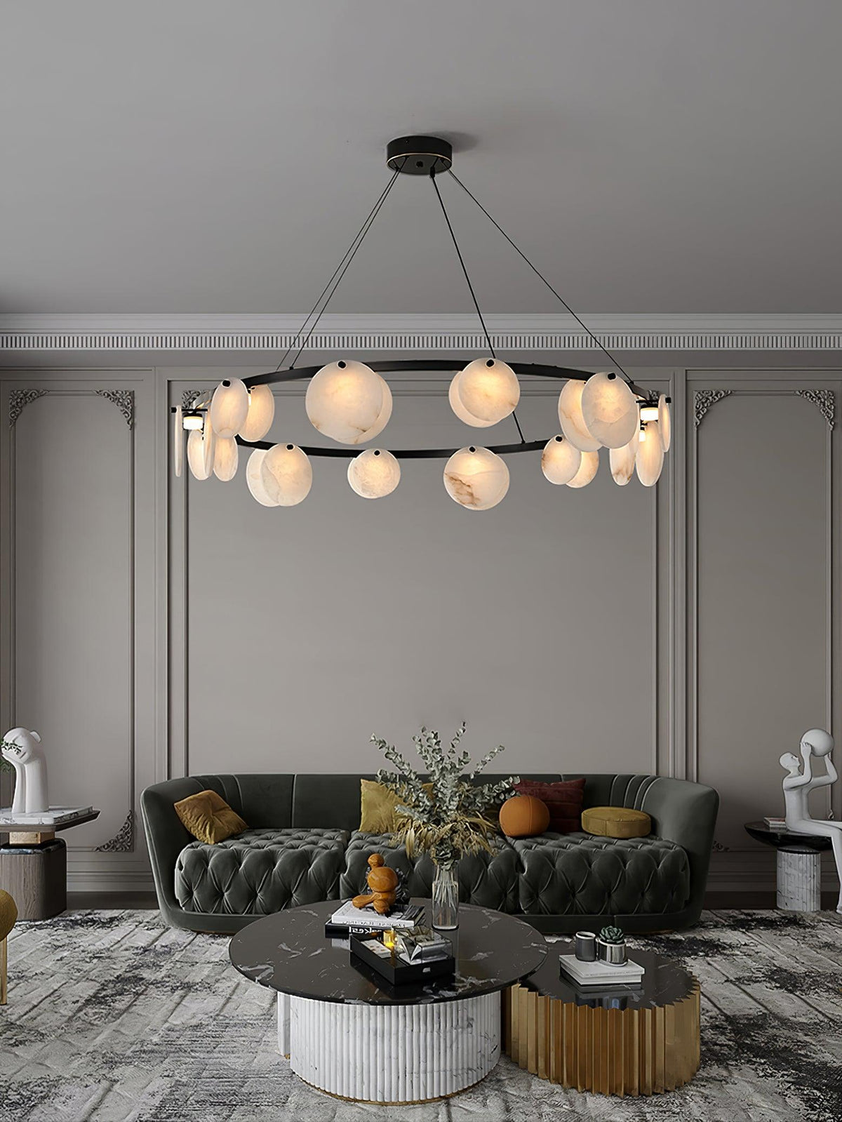 Trinidad Alabaster Chandelier — Modern LED Pendant Light in Brass for Dining Room and Living Room