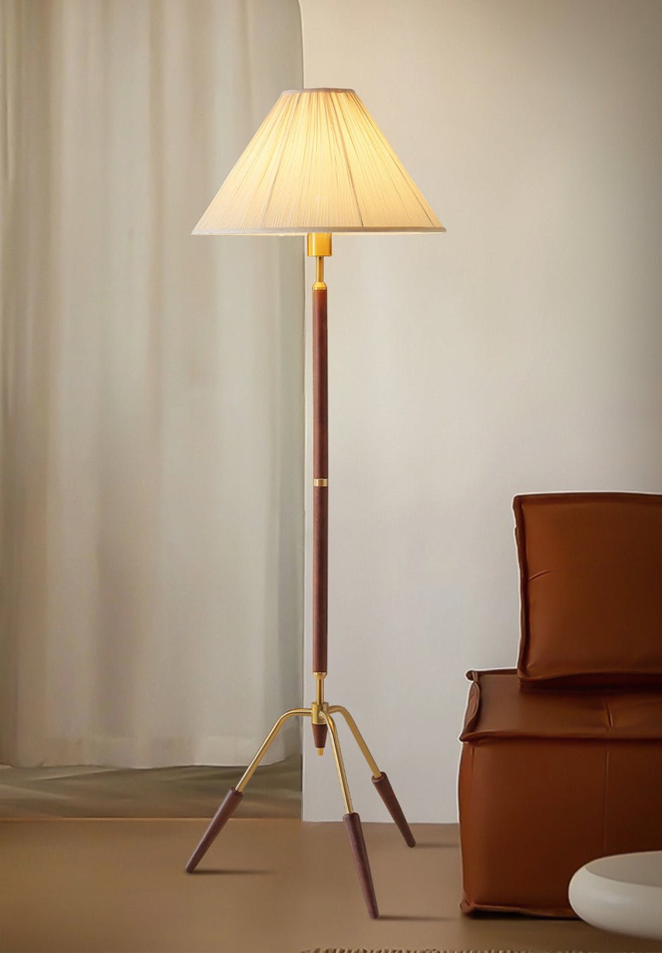 Sculptural Tripod Floor Lamp with Pleated Fabric Shade