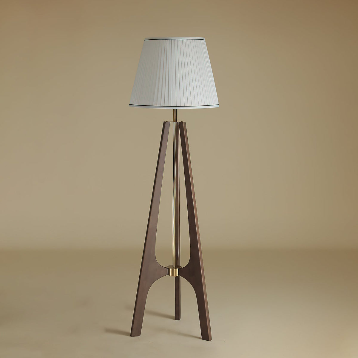 Trivelle Tripod Floor Lamp in Walnut and Gold with Pleated Fabric Shade