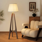 Trivelle Tripod Floor Lamp in Walnut and Gold with Pleated Fabric Shade