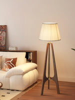 Trivelle Tripod Floor Lamp in Walnut and Gold with Pleated Fabric Shade
