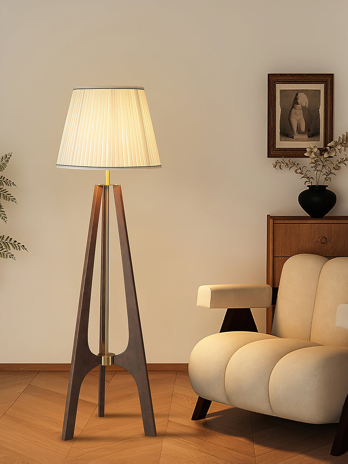 Trivelle Tripod Floor Lamp in Walnut and Gold with Pleated Fabric Shade